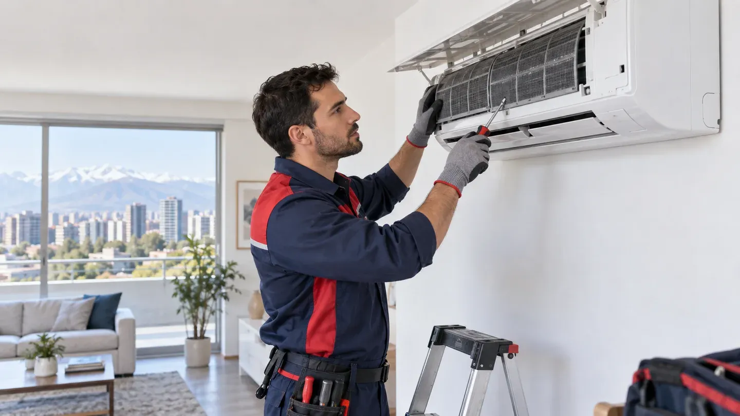 Técnico de climatización revisando de forma segura un equipo split mural